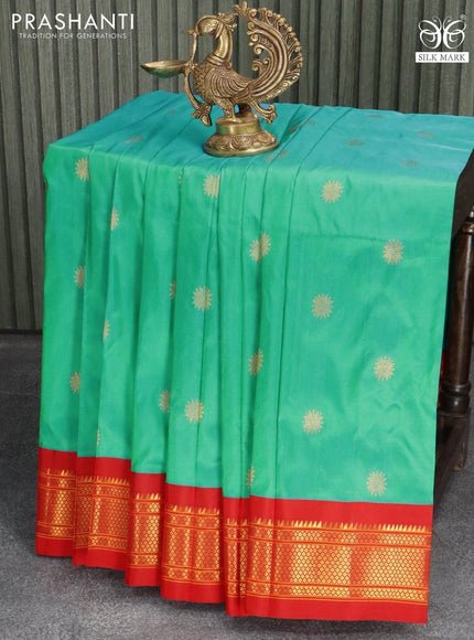 Pure paithani silk saree dual shade of teal bluish green and red with zari woven buttas and zari woven border - {{ collection.title }} by Prashanti Sarees