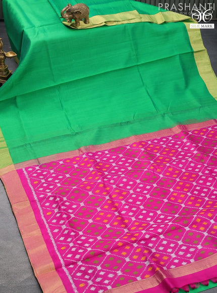 Pure raw silk saree green and magenta pink with plain body & ikat weaves pallu and zari woven border - {{ collection.title }} by Prashanti Sarees