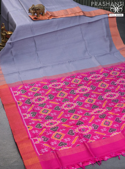 Pure raw silk saree grey and pink with plain body & ikat weaves pallu and copper \zari woven border - {{ collection.title }} by Prashanti Sarees