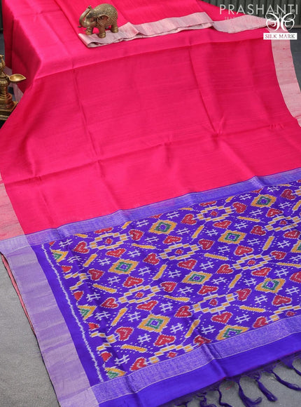 Pure raw silk saree pink and royal blue with plain body & ikat weaves pallu and silver zari woven border - {{ collection.title }} by Prashanti Sarees