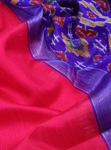 Pure raw silk saree pink and royal blue with plain body & ikat weaves pallu and silver zari woven border - {{ collection.title }} by Prashanti Sarees