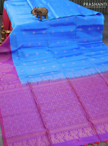 Pure soft silk saree cs blue and dual shade of bluish red with allover silver zari weaves & buttas and rich zari woven border - {{ collection.title }} by Prashanti Sarees