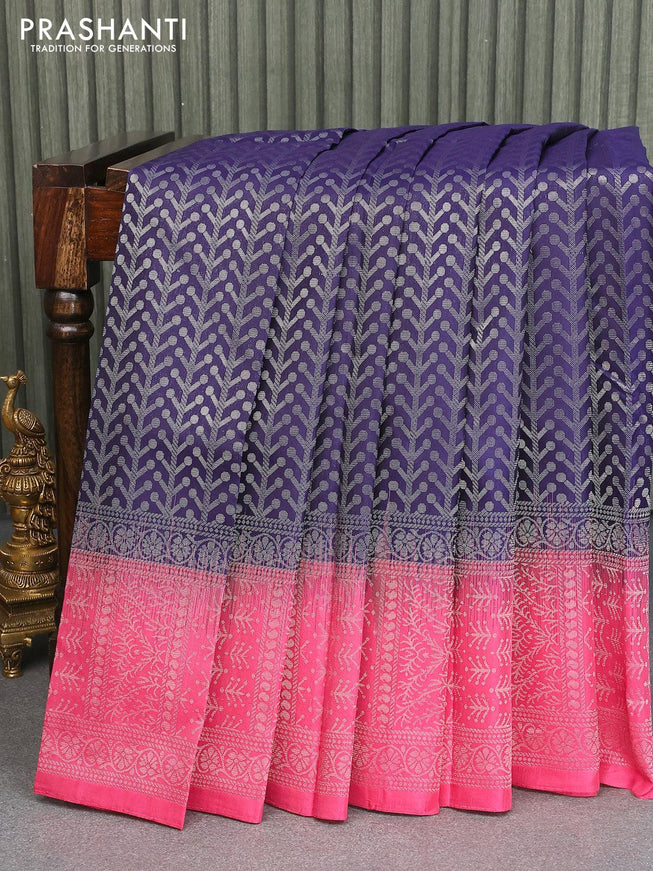 Pure soft silk saree dark blue and pink with allover silver zari woven brocade weaves and silver zari woven border - {{ collection.title }} by Prashanti Sarees