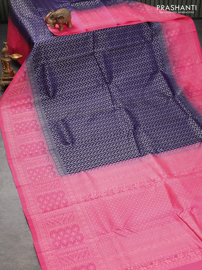Pure soft silk saree dark blue and pink with allover silver zari woven brocade weaves and silver zari woven border - {{ collection.title }} by Prashanti Sarees