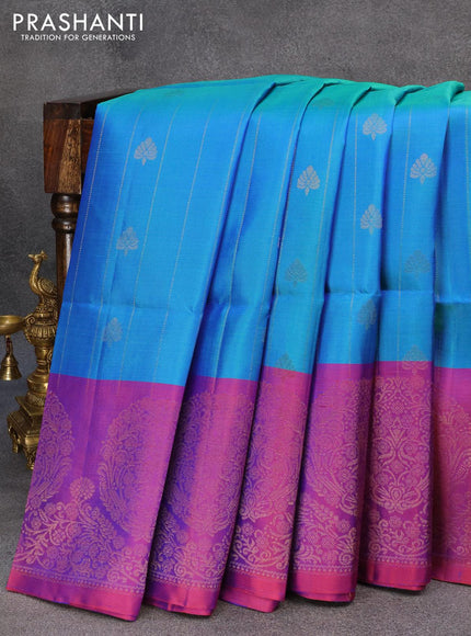 Pure soft silk saree dual shade of blue and dual shade of purple with allover zari weaves & buttas and zari woven border - {{ collection.title }} by Prashanti Sarees