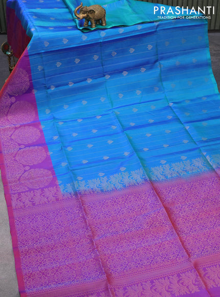 Pure soft silk saree dual shade of blue and dual shade of purple with allover zari weaves & buttas and zari woven border - {{ collection.title }} by Prashanti Sarees