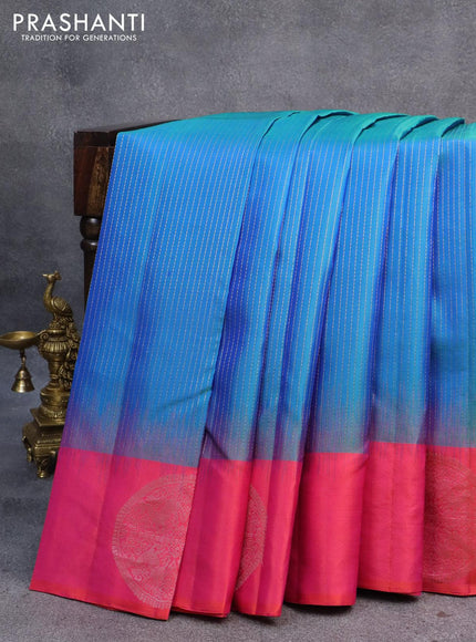 Pure soft silk saree dual shade of bluish green and dual shade of pinkish orange with allover zari woven stripes pattern and silver zari woven butta border - {{ collection.title }} by Prashanti Sarees