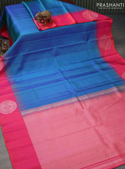 Pure soft silk saree dual shade of bluish green and dual shade of pinkish orange with allover zari woven stripes pattern and silver zari woven butta border - {{ collection.title }} by Prashanti Sarees