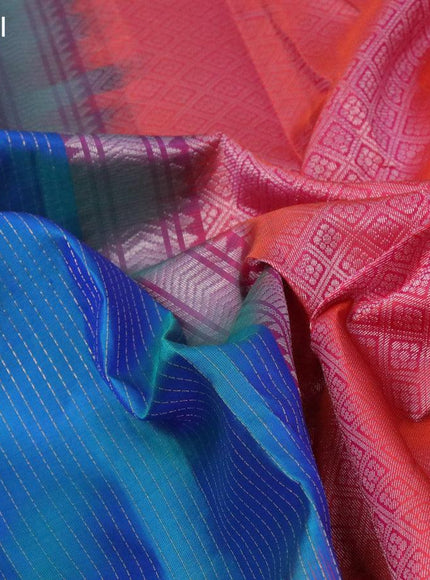 Pure soft silk saree dual shade of bluish green and dual shade of pinkish orange with allover zari woven stripes pattern and silver zari woven butta border - {{ collection.title }} by Prashanti Sarees