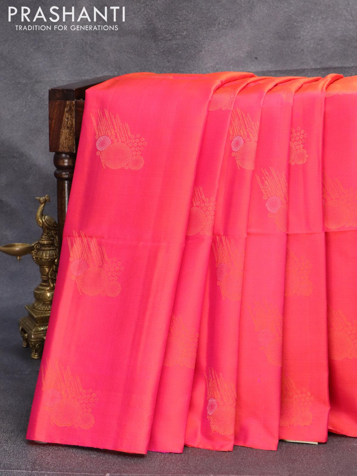 Pure kanjivaram silk saree dual shade of orange and green with zari woven  buttas and zari woven korvai border at 1099000 by Prashanti – Prashanti  Sarees