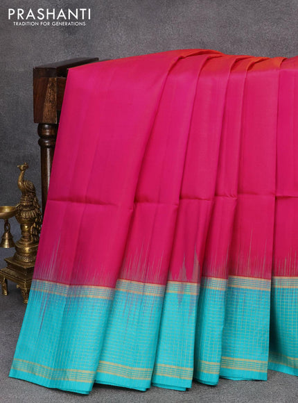 Pure soft silk saree dual shade of pink and teal blue with plain body and zari woven checked border - {{ collection.title }} by Prashanti Sarees