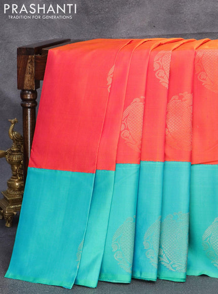 Pure soft silk saree dual shade of pinkish yellow and dual shade of teal blue with zari woven buttas and zari woven butta border - {{ collection.title }} by Prashanti Sarees