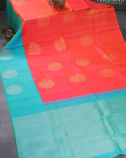 Pure soft silk saree dual shade of pinkish yellow and dual shade of teal blue with zari woven buttas and zari woven butta border - {{ collection.title }} by Prashanti Sarees