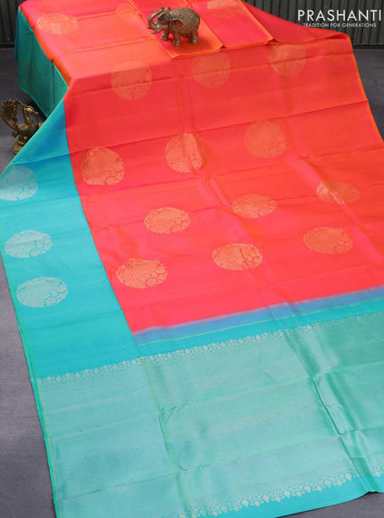 Pure soft silk saree dual shade of pinkish yellow and dual shade of teal blue with zari woven buttas and zari woven butta border - {{ collection.title }} by Prashanti Sarees