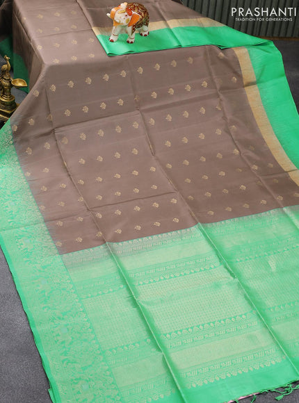 Pure soft silk saree grey shade and teal green shade with zari woven floral buttas and zari woven border - {{ collection.title }} by Prashanti Sarees