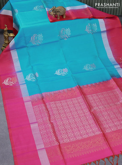 Pure soft silk saree light blue and dual shade of pink with silver & copper zari woven floral buttas and silver zari woven simple border - {{ collection.title }} by Prashanti Sarees