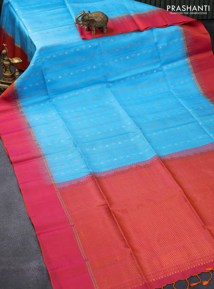 Pure soft silk saree light blue and dual shade of pinkish orange with allover silver & copper zari geometric weaves and zari woven simple border - {{ collection.title }} by Prashanti Sarees