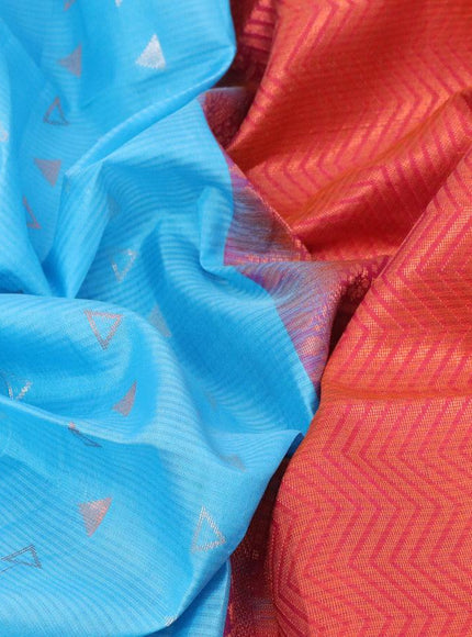 Pure soft silk saree light blue and dual shade of pinkish orange with allover silver & copper zari geometric weaves and zari woven simple border - {{ collection.title }} by Prashanti Sarees