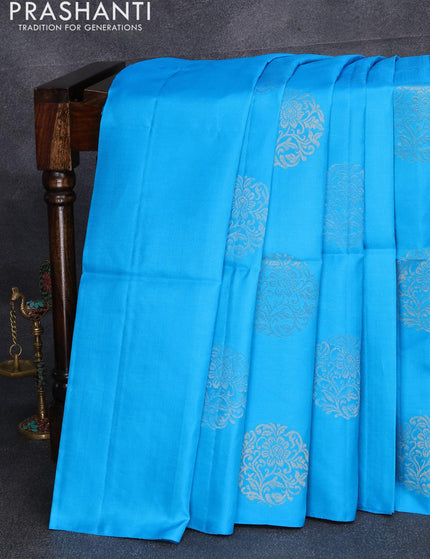 Pure soft silk saree light blue and dual shade of pinkish orange with silver & gold zari woven buttas in borderless style - {{ collection.title }} by Prashanti Sarees