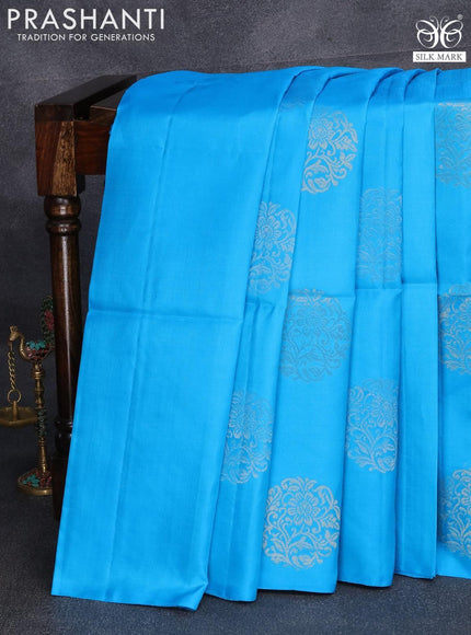 Pure soft silk saree light blue and dual shade of pinkish orange with silver & gold zari woven buttas in borderless style - {{ collection.title }} by Prashanti Sarees