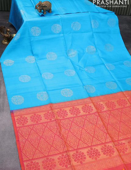 Pure soft silk saree light blue and dual shade of pinkish orange with silver & gold zari woven buttas in borderless style - {{ collection.title }} by Prashanti Sarees