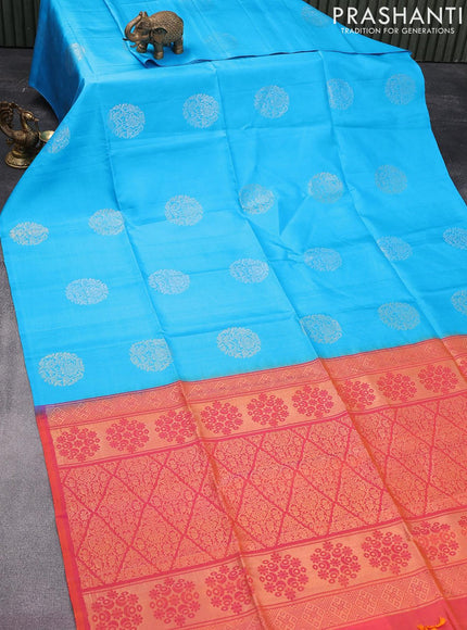 Pure soft silk saree light blue and dual shade of pinkish orange with silver & gold zari woven buttas in borderless style - {{ collection.title }} by Prashanti Sarees