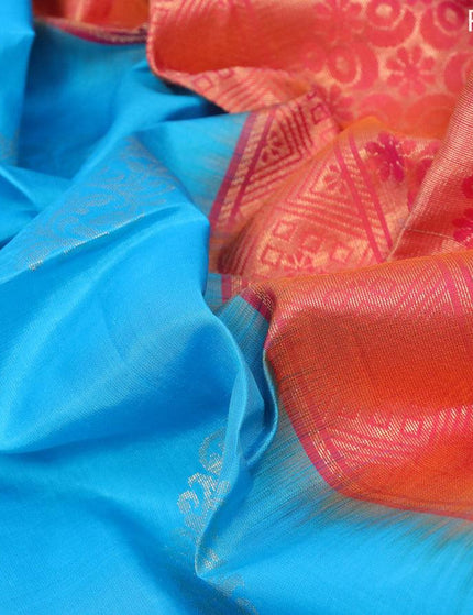 Pure soft silk saree light blue and dual shade of pinkish orange with silver & gold zari woven buttas in borderless style - {{ collection.title }} by Prashanti Sarees