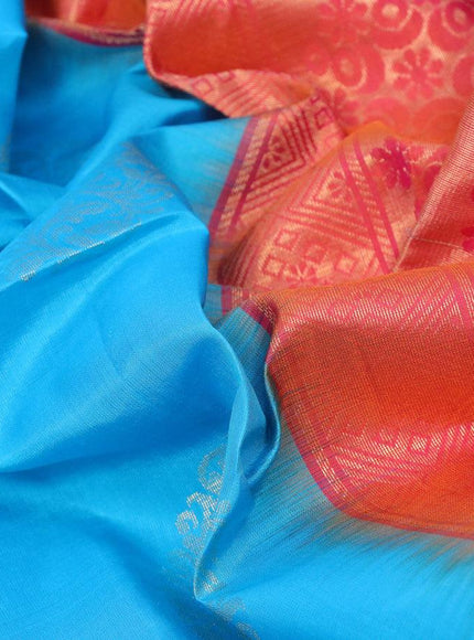 Pure soft silk saree light blue and dual shade of pinkish orange with silver & gold zari woven buttas in borderless style - {{ collection.title }} by Prashanti Sarees