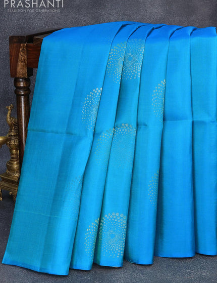 Pure soft silk saree light blue and sandal with zari woven buttas in borderless style - {{ collection.title }} by Prashanti Sarees