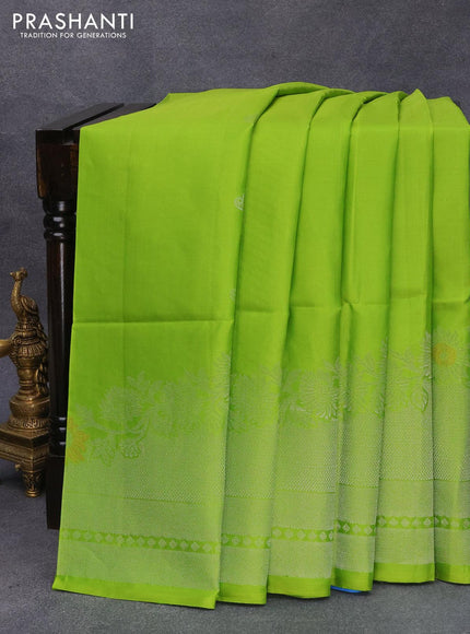 Pure soft silk saree light green and light blue with silver zari woven buttas and rich silver zari woven border - {{ collection.title }} by Prashanti Sarees