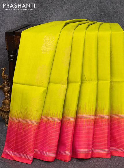 Pure soft silk saree lime green and dual shade of pinkish orange with annam zari woven buttas and zari woven simple border - {{ collection.title }} by Prashanti Sarees