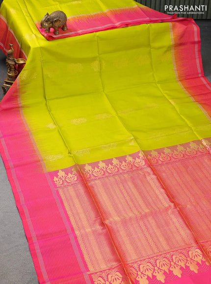 Pure soft silk saree lime green and dual shade of pinkish orange with annam zari woven buttas and zari woven simple border - {{ collection.title }} by Prashanti Sarees