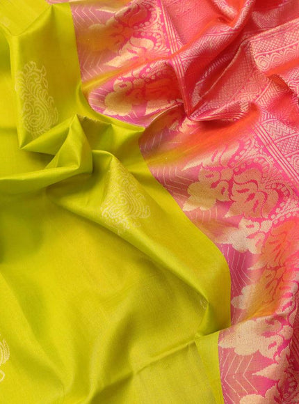 Pure soft silk saree lime green and dual shade of pinkish orange with annam zari woven buttas and zari woven simple border - {{ collection.title }} by Prashanti Sarees