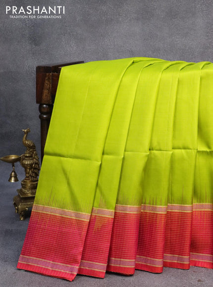 Pure soft silk saree lime green and dual shade of pinkish orange with plain body and zari woven checked border - {{ collection.title }} by Prashanti Sarees