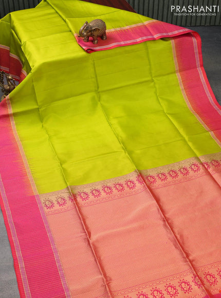 Pure soft silk saree lime green and dual shade of pinkish orange with plain body and zari woven checked border - {{ collection.title }} by Prashanti Sarees