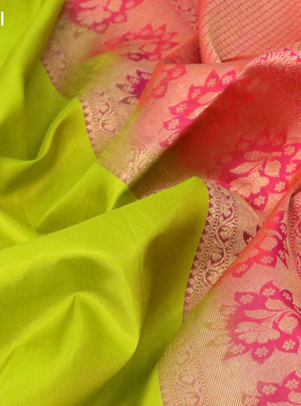 Pure soft silk saree lime green and dual shade of pinkish orange with plain body and zari woven checked border - {{ collection.title }} by Prashanti Sarees