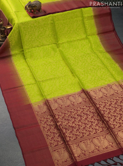 Pure soft silk saree lime green and maroon with allover zari woven brocade weaves and zari woven simple border - {{ collection.title }} by Prashanti Sarees