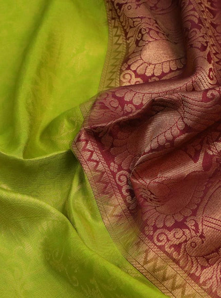 Pure soft silk saree lime green and maroon with allover zari woven brocade weaves and zari woven simple border - {{ collection.title }} by Prashanti Sarees