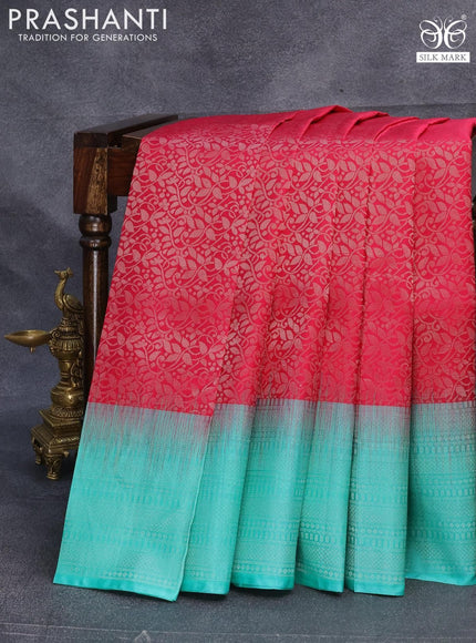 Pure soft silk saree magenta pink and teal green with allover silver zari woven brocade weaves and silver zari woven border - {{ collection.title }} by Prashanti Sarees