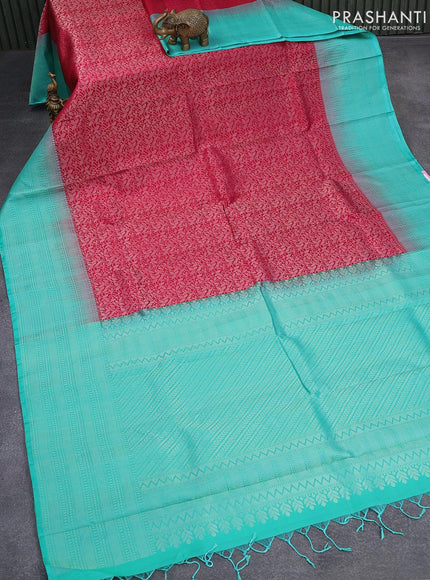 Pure soft silk saree magenta pink and teal green with allover silver zari woven brocade weaves and silver zari woven border - {{ collection.title }} by Prashanti Sarees