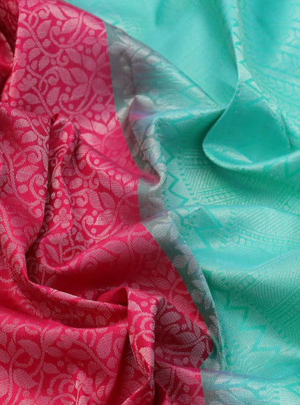 Pure soft silk saree magenta pink and teal green with allover silver zari woven brocade weaves and silver zari woven border - {{ collection.title }} by Prashanti Sarees