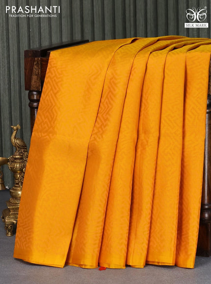 Pure soft silk saree mango yellow and dual shade of pinkish orange with allover copper zari woven geometric weaves in borderless style - {{ collection.title }} by Prashanti Sarees