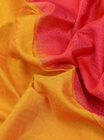 Pure soft silk saree mango yellow and dual shade of pinkish orange with allover copper zari woven geometric weaves in borderless style - {{ collection.title }} by Prashanti Sarees