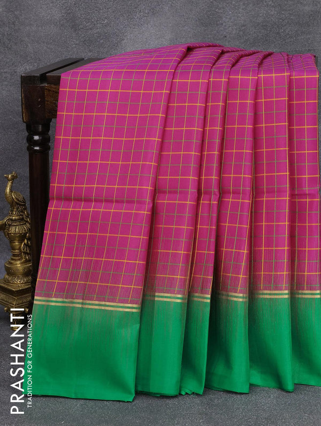 Pure soft silk saree pink and green with allover checked pattern and ganga jamuna border - {{ collection.title }} by Prashanti Sarees
