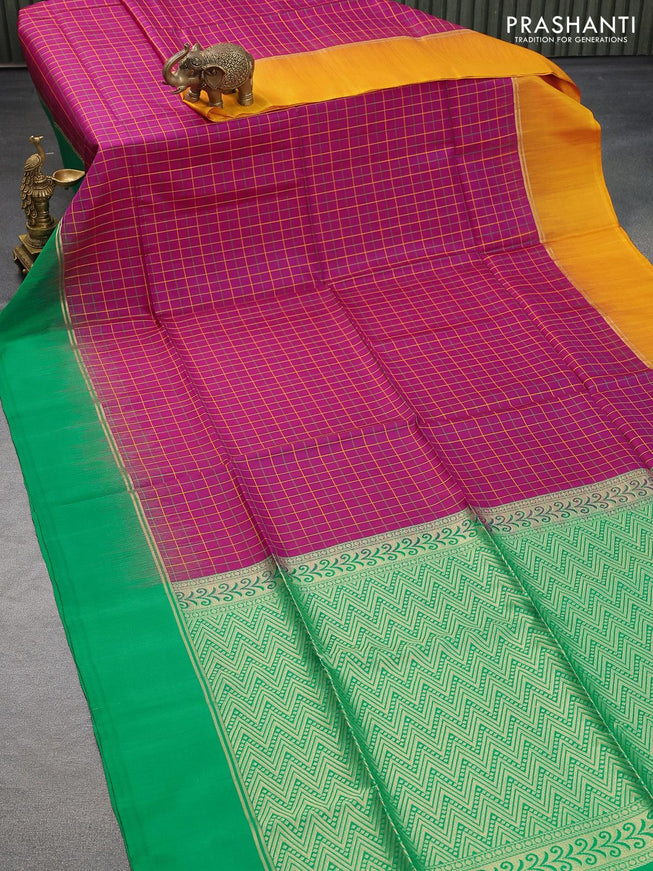 Pure soft silk saree pink and green with allover checked pattern and ganga jamuna border - {{ collection.title }} by Prashanti Sarees