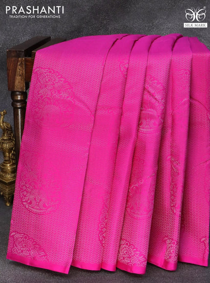 Pure soft silk saree pink and grey with allover silver zari woven brocade weaves in borderless style - {{ collection.title }} by Prashanti Sarees