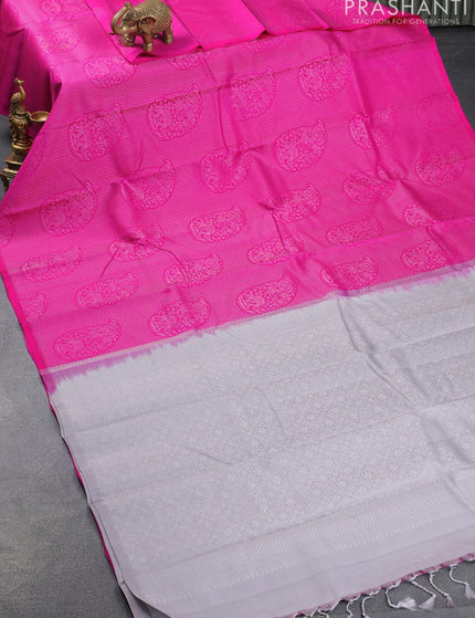 Pure soft silk saree pink and grey with allover silver zari woven brocade weaves in borderless style - {{ collection.title }} by Prashanti Sarees