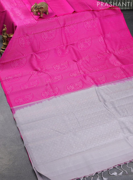 Pure soft silk saree pink and grey with allover silver zari woven brocade weaves in borderless style - {{ collection.title }} by Prashanti Sarees