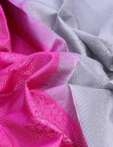 Pure soft silk saree pink and grey with allover silver zari woven brocade weaves in borderless style - {{ collection.title }} by Prashanti Sarees