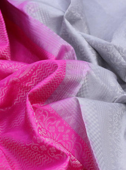 Pure soft silk saree pink and grey with allover silver zari woven brocade weaves in borderless style - {{ collection.title }} by Prashanti Sarees